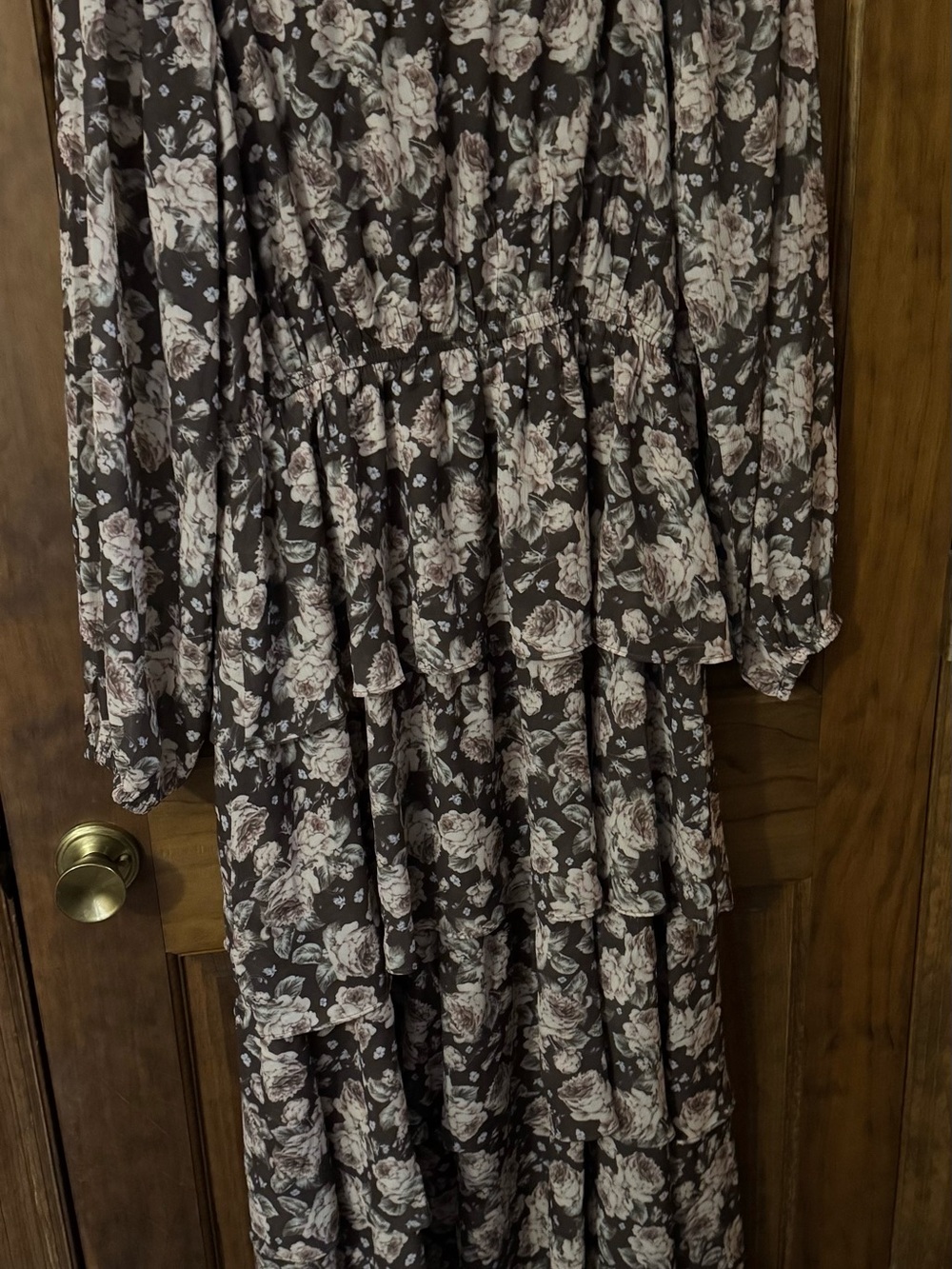 Long Sleeve Tiered Floral Maxi Dress in Brown and Cream